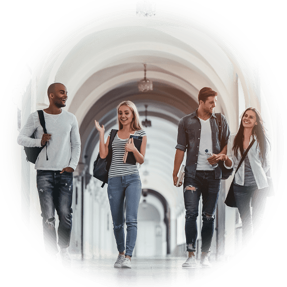 four students walking halls